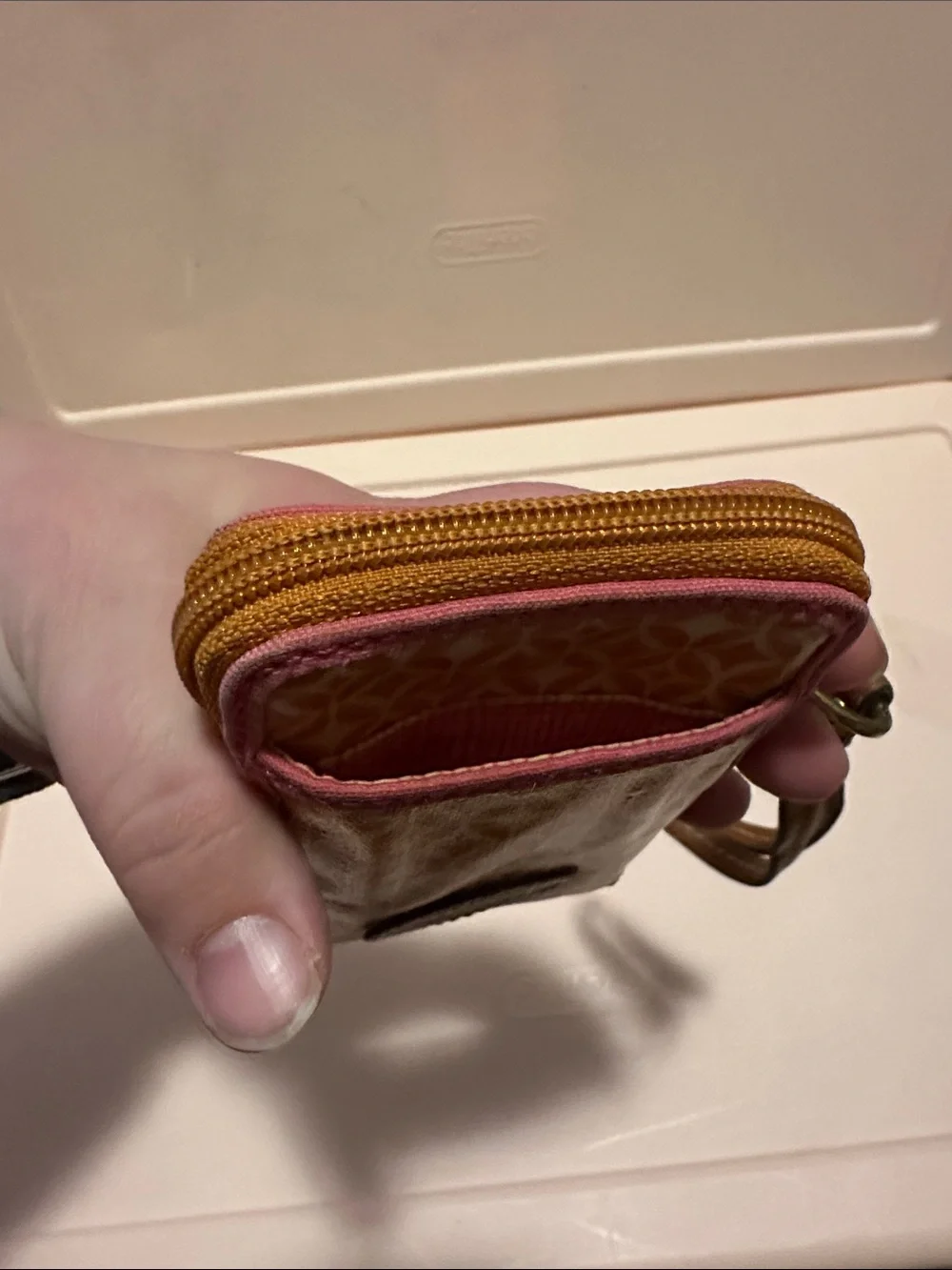 Fossil orange Patterned Wristlet Phone Case with Pink Trim